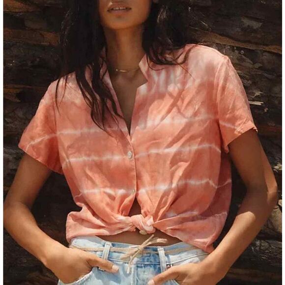 Cloth & Stone x Anthropologie Orange & White Tie Dye Button Down Top Sz M Petite - Picture 1 of 5